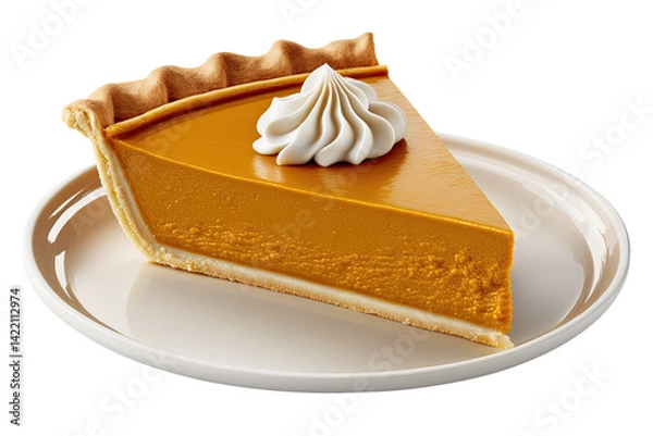 Fototapeta A delectable slice of pumpkin pie, a warm autumnal treat, perfectly adorned with a fluffy swirl of whipped cream on a simple plate.