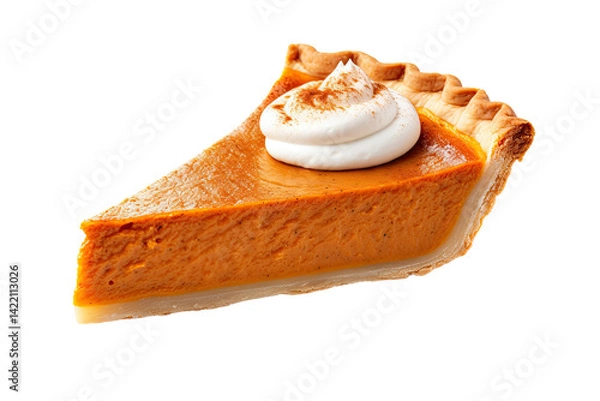 Fototapeta A tempting slice of pumpkin pie, perfectly baked with a fluffy dollop of whipped cream and a sprinkle of cinnamon, ready for a Thanksgiving feast.