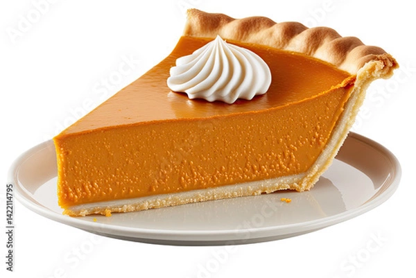 Fototapeta A delightful slice of pumpkin pie, a perfect autumn treat, topped with a swirl of whipped cream on a simple plate against a bright white background.
