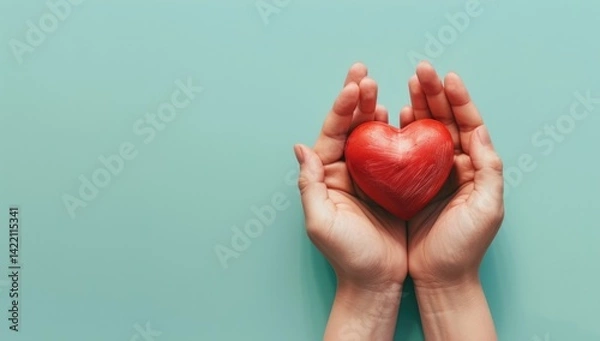 Obraz Adult and child hands holding a red heart on an aqua background symbolize heart health, donation, corporate social responsibility, World Heart Day, World Health Day, and Family Day