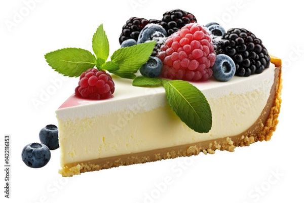 Fototapeta A luscious slice of creamy cheesecake, adorned with a vibrant medley of fresh raspberries, blueberries, and blackberries, a delightful summer dessert.