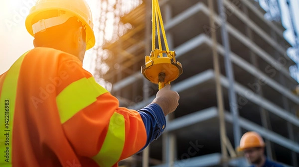 Obraz Construction Worker Operating Crane Hook