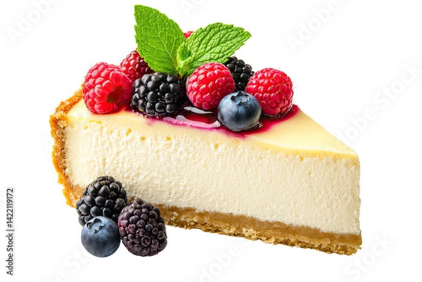 Fototapeta A luscious slice of creamy cheesecake, adorned with a vibrant crown of fresh raspberries, blackberries, and blueberries, glistening under a delicate mint sprig.
