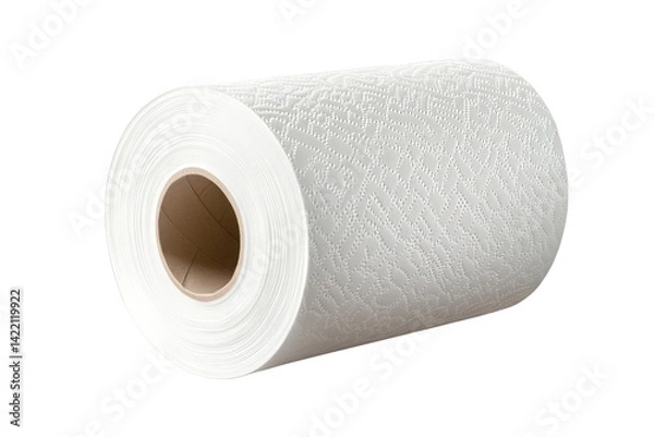 Fototapeta A pristine roll of embossed paper towels, ready for everyday use, showcasing a subtly textured surface against a clean white background.