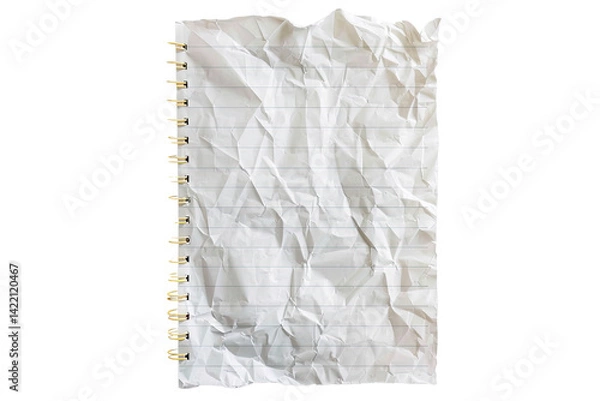 Fototapeta A crumpled spiral notebook page, a silent testament to discarded ideas and forgotten thoughts, a poignant reminder of creativity's messy process. Soft white paper, gold spiral binding.