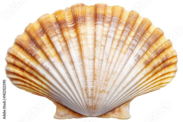 Fototapeta A sun-kissed scallop shell, a treasure from the ocean's embrace, showcasing its intricate ribbed texture and warm, creamy tones against a bright white background.