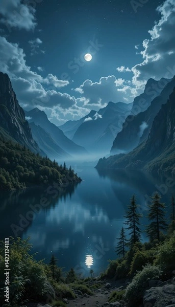 Fototapeta Serene Night Reflection Over Calm Mountain Lake Under Moonlight