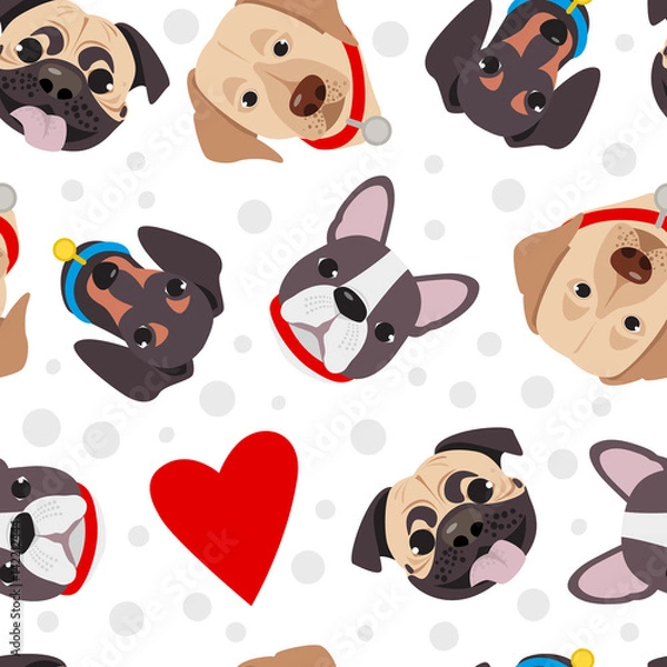 Obraz Vector illustration, seamless pattern of funny head of purebred dogs. Different type head of cartoon dogs.