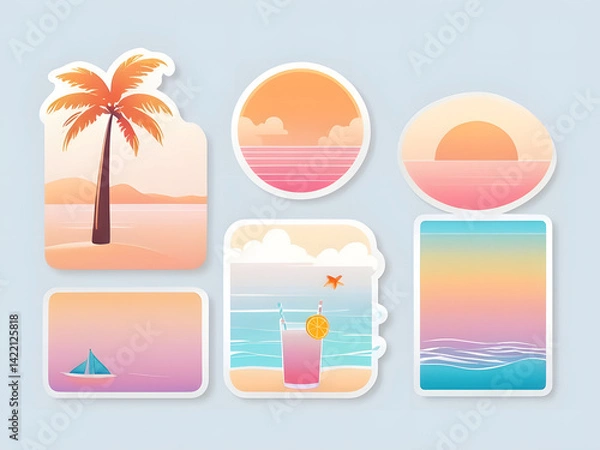 Obraz Retro Color Summer Icons and Backgrounds Clip Art Digital Sticker Sheet Tropical Beach Illustrations