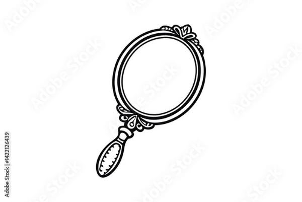 Obraz Black and white line art drawing of a vintage hand mirror.eps