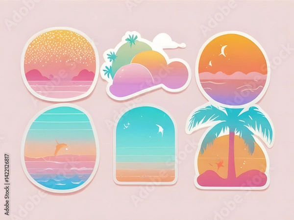 Obraz Retro Color Summer Icons and Backgrounds Clip Art Digital Sticker Sheet Tropical Beach Illustrations