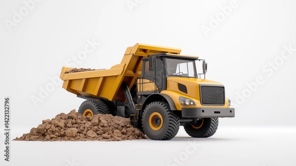 Fototapeta Yellow mining dump truck loaded with soil, isolated on a white background. Concept of heavy machinery, industry, transportation and construction.