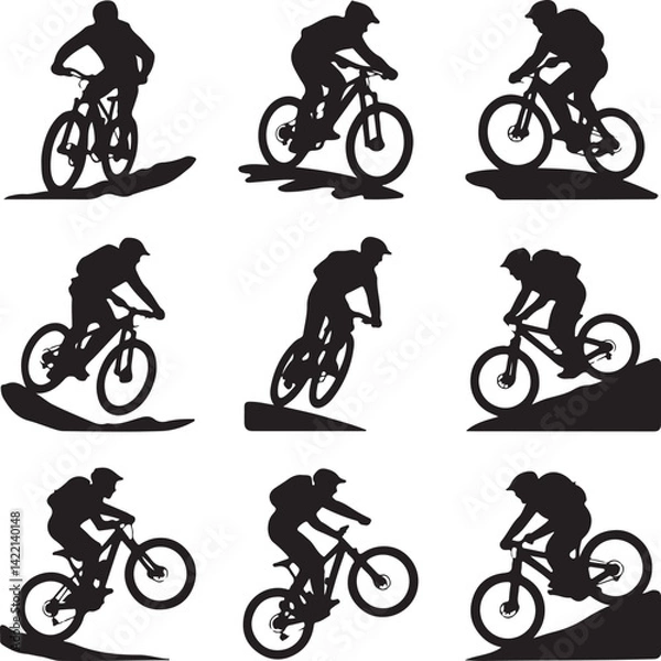 Fototapeta Nine Silhouettes of Mountain Bikers Riding on Trails