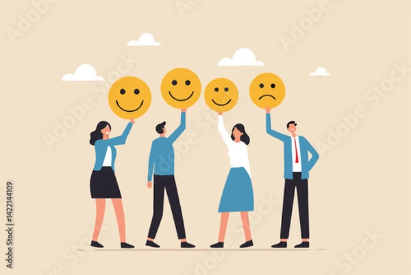 Fototapeta Employee morale, team spirit, work passion or job satisfaction, worker wellbeing or feeling, attitude and motivation concept, businessman and businesswoman team showing emotion happy and sad faces.