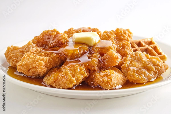Obraz Plate Crispy Fried Chicken Pieces Is Generously Drizzled Honey Butter Sauce. Waffle Sits Nestled Amongst Chicken, Adding Sweet Savory Contrast Dish. Pat Atop Richness Already Flavorful Meal.
