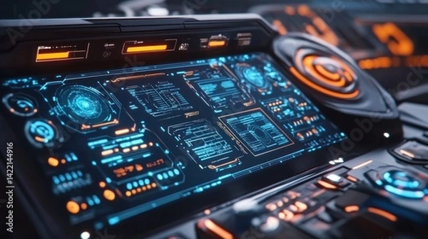Fototapeta Futuristic cockpit dashboard with glowing screens and controls.