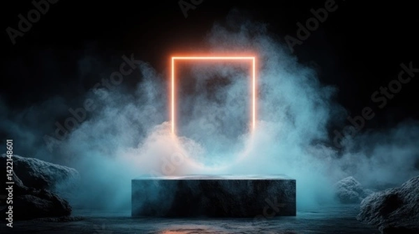 Fototapeta Neon rectangle, smoky pedestal