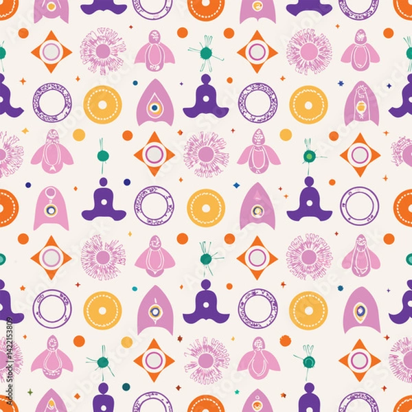 Fototapeta Holistic Pastel Yoga Mandalas and Symbols Vector Pattern