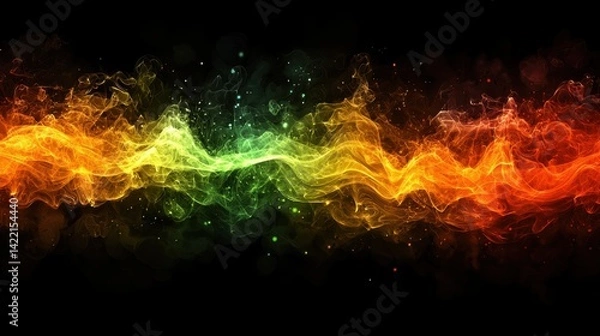 Fototapeta Colorful Wave of Energy Flowing from Left to Right on a Black Backdrop with Particles and Texture
