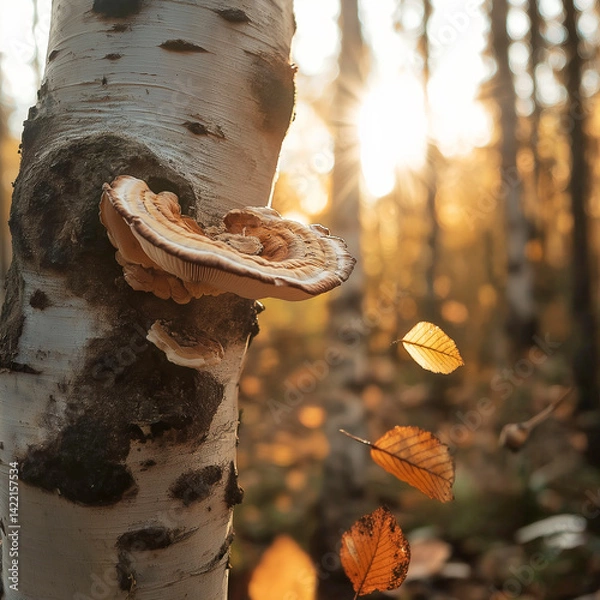 Obraz Chaga mushroom with autumn leaves on birch tree in forest
