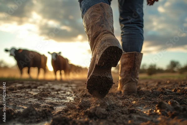 Fototapeta A person trudging through mud with a cow in the background.