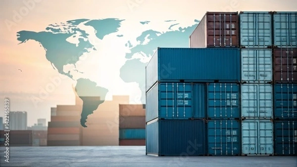 Fototapeta A stack of shipping containers against a backdrop of a world map, symbolizing global trade and logistics in an industrial setting.
