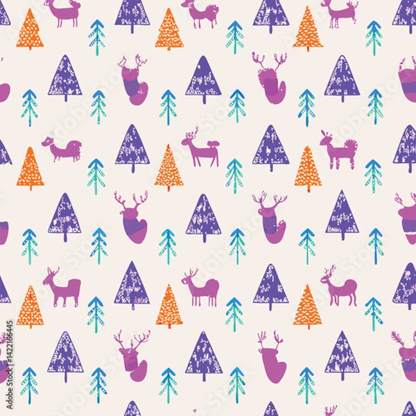 Obraz Holiday Cozy Pastel Snowy Pine Trees Pattern