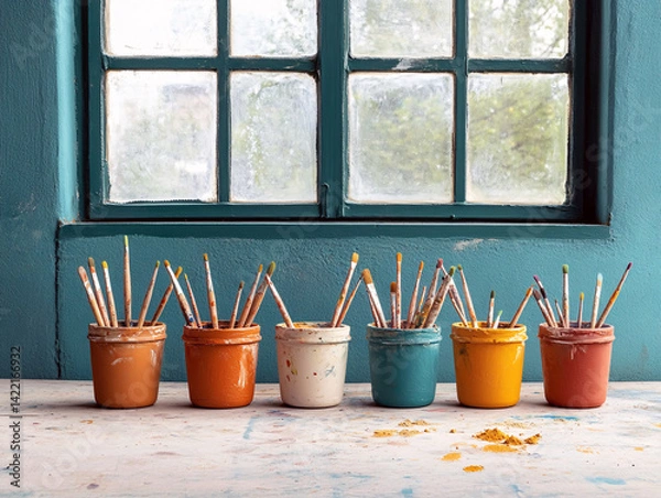 Obraz Paintbrushes in colorful jars sit on a paint-splattered table by a window with natural light