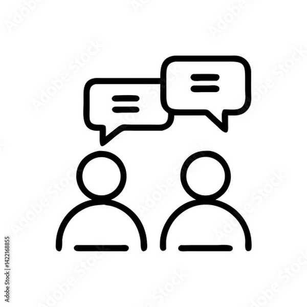 Fototapeta Two individuals engaged in a conversation with speech bubbles indicating discussion in a minimalist design