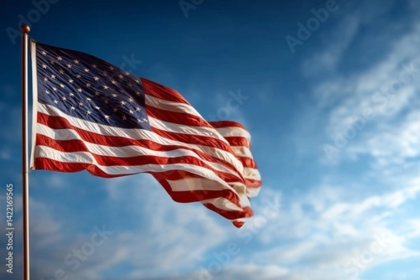 Obraz A Memorial Day message with waving American flag and open sky background