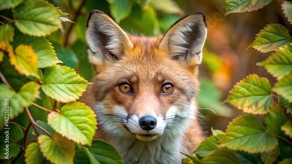 Fototapeta A close up of a fox looking through the leaves in front of him. Generative AI.