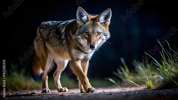 Fototapeta An aardwolf, Proteles cristata, peaks through grass while out hunting at night. Generative AI.