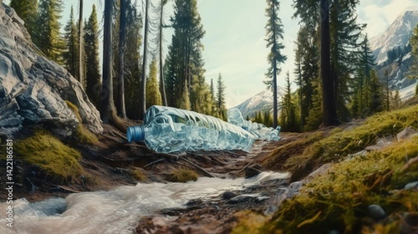 Fototapeta Plastic trash in forest. Nature pollution.