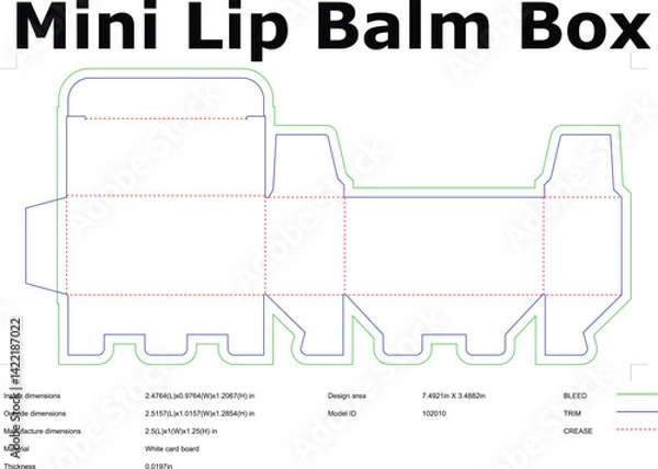 Fototapeta Die cut template for mini lip balm box packaging with dimensions and layout guide