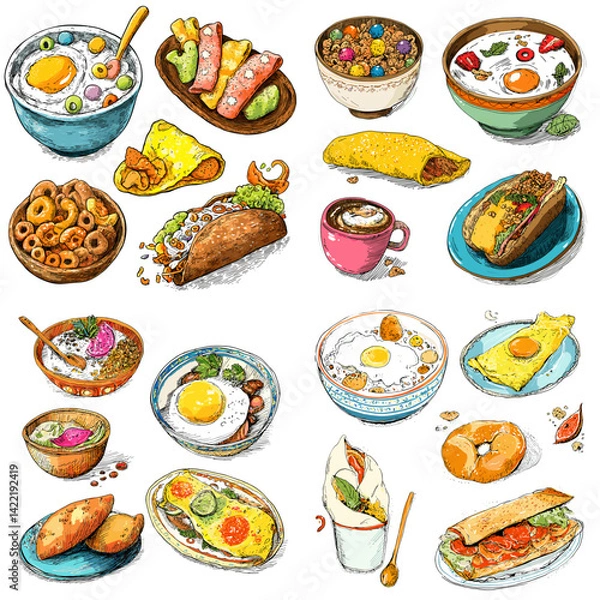 Fototapeta Watercolor illustration of various breakfast dishes including eggs, sandwiches, cereal, and pastries, perfect for café menus, culinary art, recipe books, and morning-themed designs.


