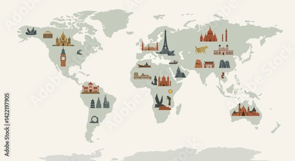 Fototapeta Illustrated World Map with Famous Landmarks in Soft Colors  