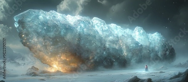 Fototapeta Crystalline Colossus: A lone figure witnesses a mystical, glowing ice behemoth in a desolate, snowy landscape.  A scene of wonder and mystery.