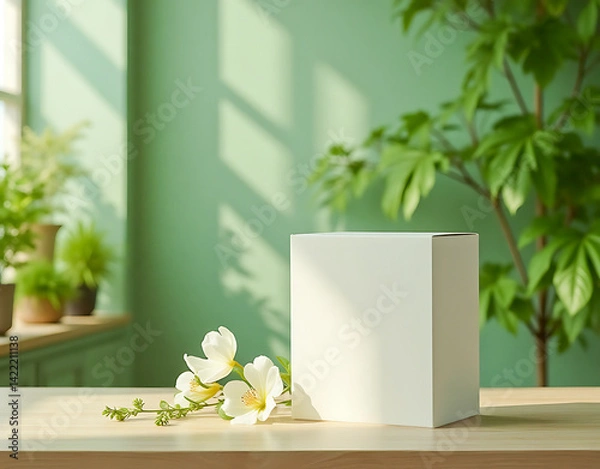 Obraz Template for placement design. White Box with Flowers on Wooden Table in a Green Room