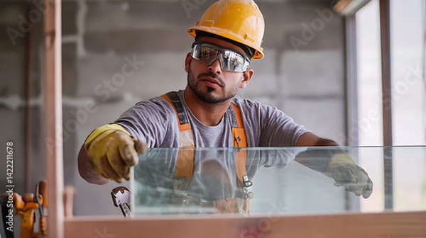 Obraz Construction Worker Installing Glass Panel