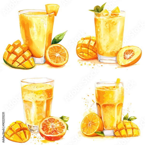 Fototapeta Watercolor illustration of refreshing mango and orange juices with fresh fruits. Perfect for summer drinks, healthy lifestyle themes, tropical refreshment, and natural beverage concepts.

