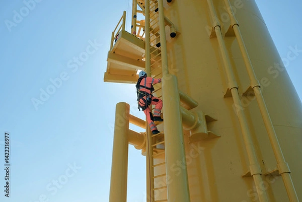 Fototapeta Offshore Rigger Technician Climbing Yellow Wind Turbine Monopile Ladder During Wind Farm Construction Maintenance, GWO Work On Height