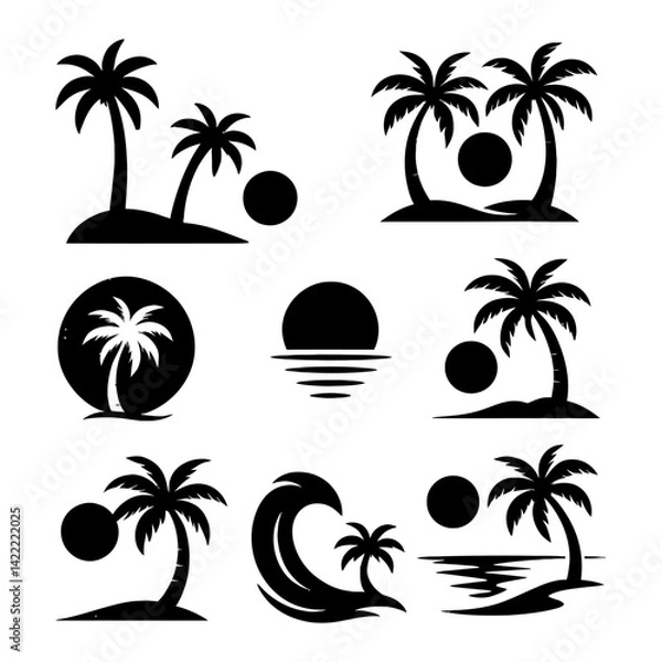 Obraz Vector set of nine black silhouette illustrations depicting palm trees, suns, and waves in various tropical beach scene compositions. Represents vacation, summer, tropics, and simple graphic elements.