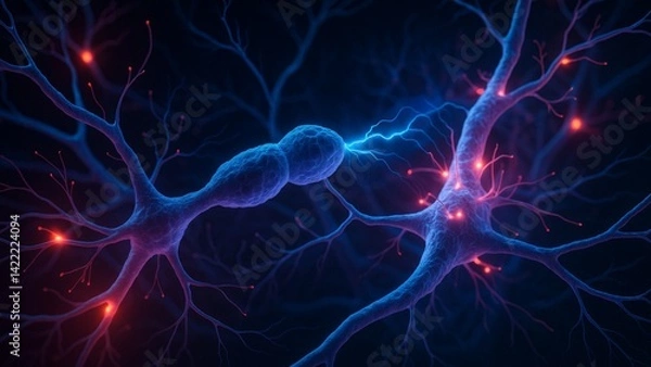 Fototapeta Stunning Digital Illustration Of Neurons And Synapses In Blue And Red Tones, Generated AI
