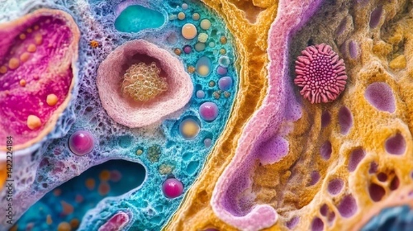 Fototapeta Cellular Microscopic View with Vibrant Colors for Science and Medical Imagery