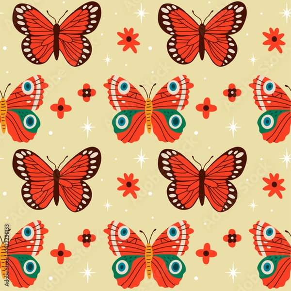 Fototapeta Hand drawn cute butterfly seamless pattern design with vector illustration of various exotic plants and flowers, folk moth, in boho aesthetic, cartoon funky groovy style