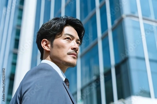 Fototapeta A Japanese man, aged 30-45 years old, wearing a suit with an office building background, in a