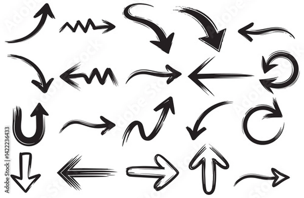 Fototapeta Hand Drawn Arrow Brush Set, Vector Collection of Sketchy Arrows in Multiple Directions, Curved and Swirled Brush Strokes, Perfect for Infographics, Presentations, Web UI, and Design Elements