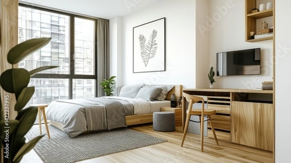 Fototapeta A modern bedroom featuring a wooden bed, a desk, a TV, and large windows with a view, complemented by minimalistic decor and a touch of greenery.