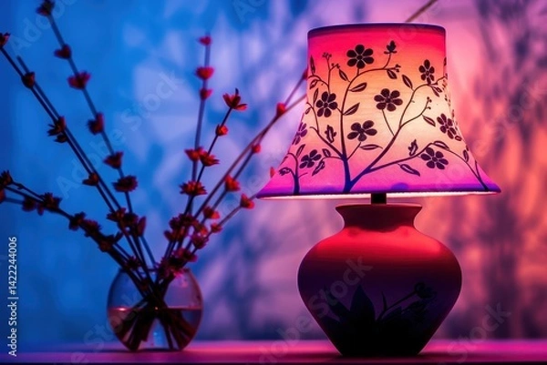 Obraz Elegant decorative lamp with a floral lampshade casting warm, ambient lighting. Perfect for cozy home interiors and stylish decor.