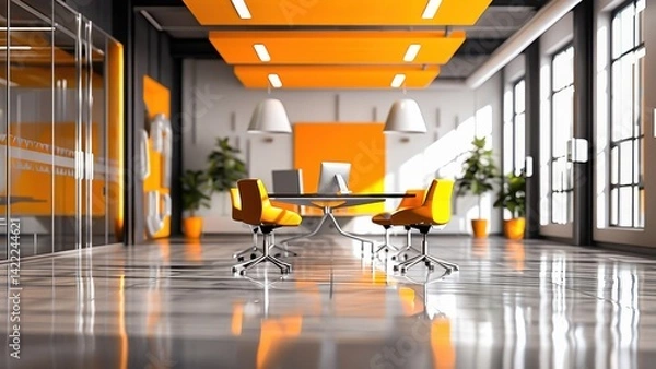 Obraz A modern office meeting room featuring sleek furniture and bright orange accents, creating a vibrant, contemporary business environment ideal for productivity.